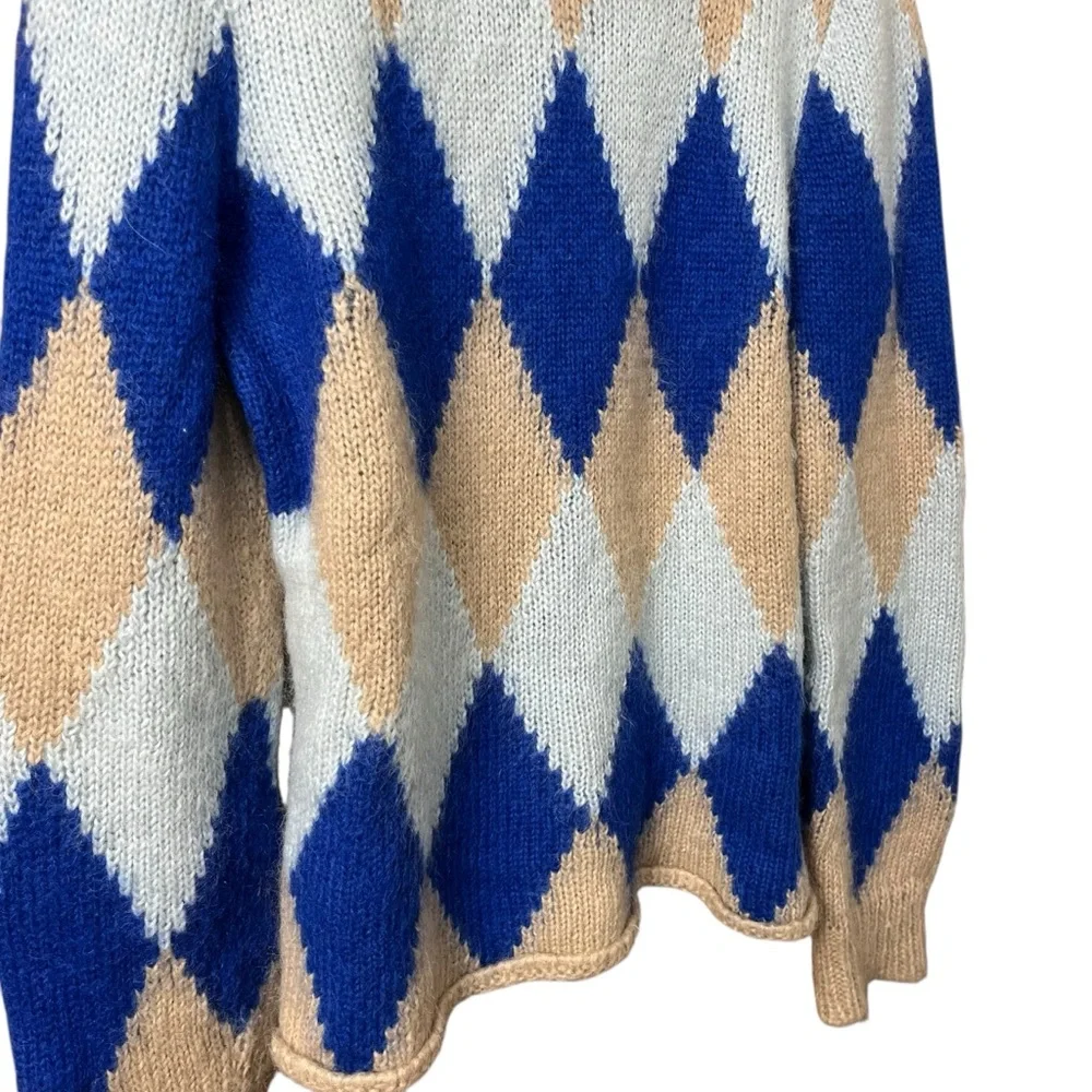 Tory‎ Burch Libby Argyle Turtleneck Diamond Color block Blue Beige Size Large